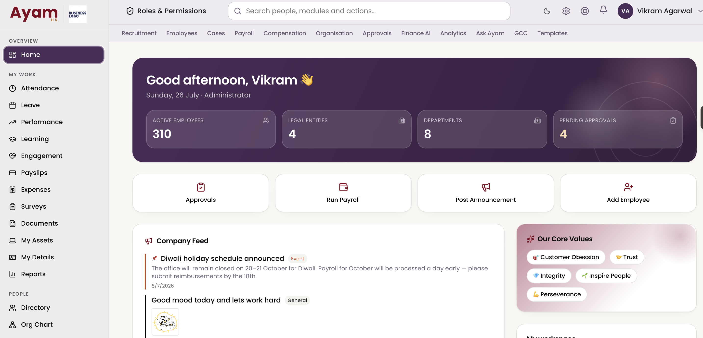 Ayam HR Home — Your workday at a glance