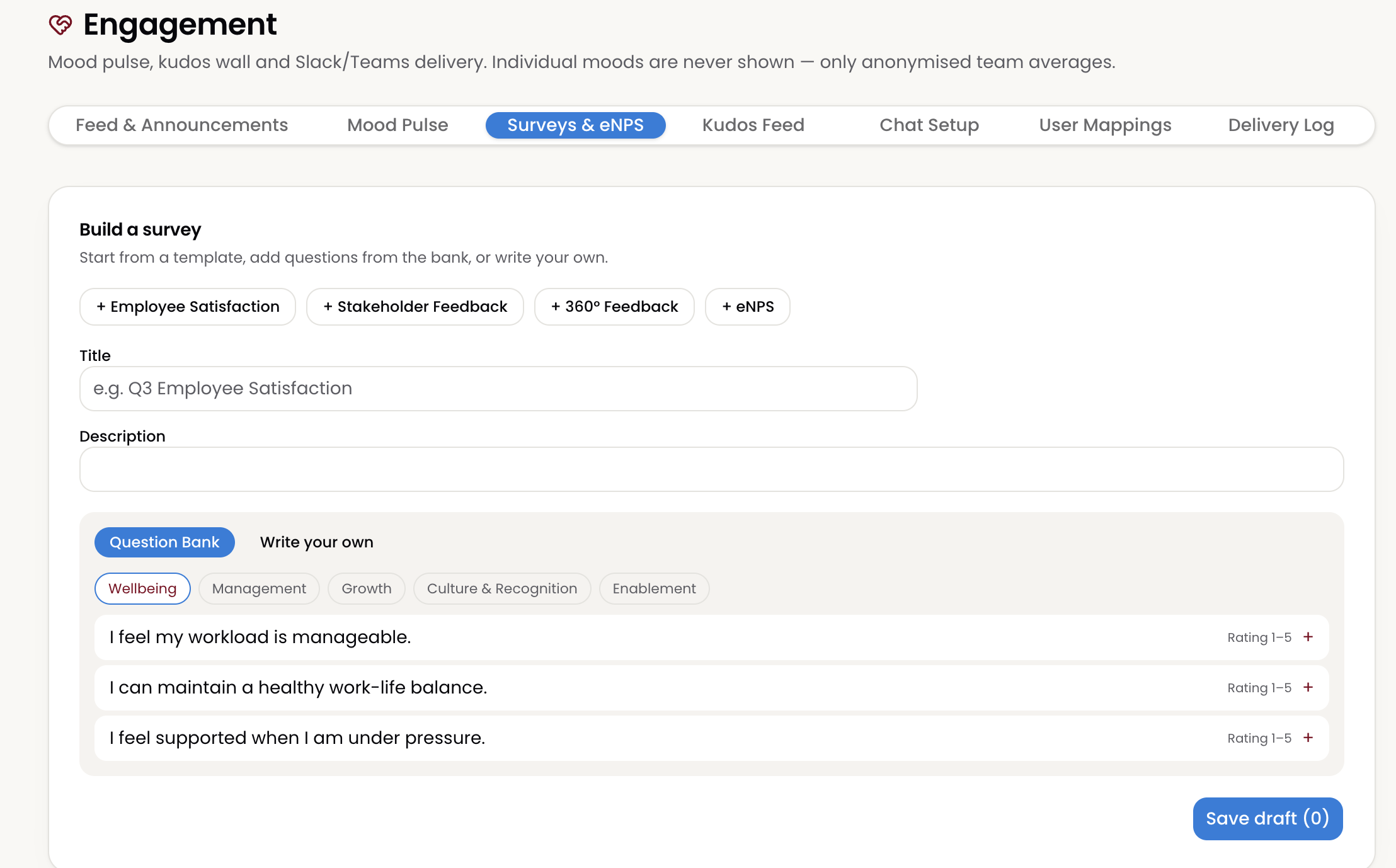 Ayam HR Engagement — Mood pulse, surveys & kudos